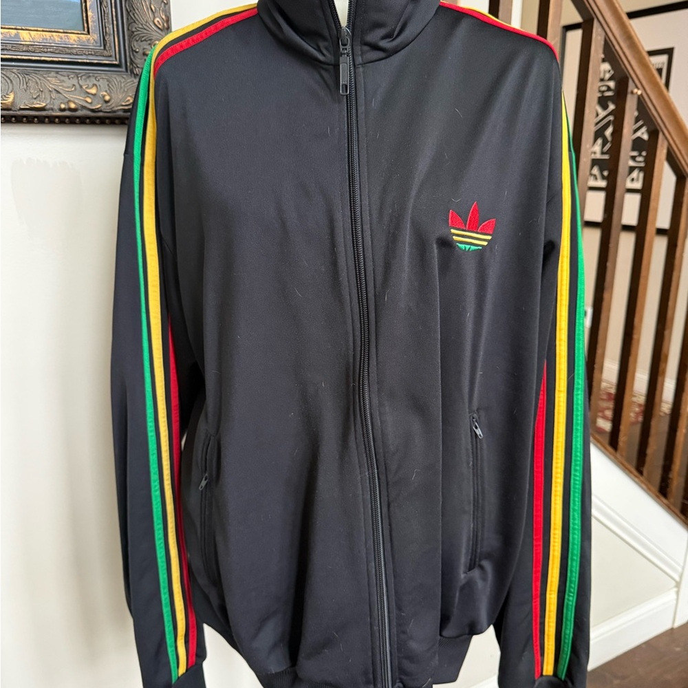adidas Black Performance Jacket with Red, Yellow, Green Stripes